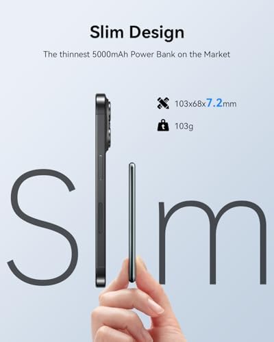 Kuulaa Slim Magnetic Portable Power Bank for i Phone – 5000 m Ah PD 20 W Fast Charging Battery Pack with Rotating Stand for Mag Safe Compatible i Phone 12/13/14/15/16 Series (Titanium Finish) – Ultimate On-the-Go Charging Solution