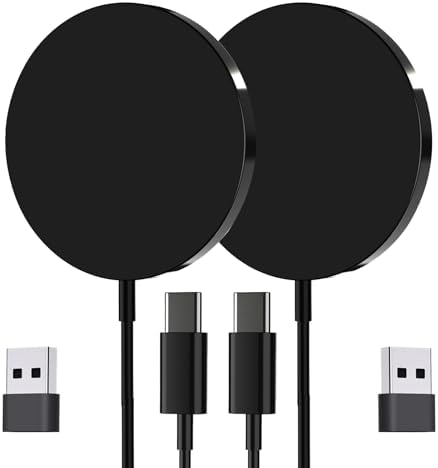 Mag Safe Charger 2 Pack – 15 W Magnetic Wireless Fast Charging Pads for i Phone 16/15/14/13/12 & Air Pods – Slim, Portable Design with Durable Aluminum Alloy – Quick USB-C/A Compatibility – Stylish Silver Finish for Ultimate Convenience and Efficiency