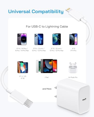 Enhanced 20 W Power Delivery Fast Charging Kit for i Phone 14/13/12 – MFi Certified 3-Pack of 6-Foot USB-C to Lightning Cables with Compact Wall Charger – Superior Compatibility for All Apple Devices – Durable and Efficient Charging Solution for Active Lifestyles