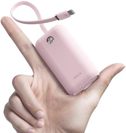 i WALK Ultra-Slim 10,000 m Ah Power Bank with Built-In Cable – Lightning-Fast 22.5 W USB-C Charging for i Phone 16/16 Pro/15, Samsung & Google – Travel-Friendly Pink Mini Portable Charger for On-the-Go Connectivity