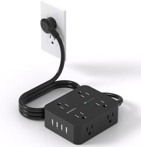 Maximize Your Power Efficiency with HANYCONY 5 Ft Ultra Thin Flat Plug Surge Protector Power Strip – 8 Outlet Extender & 4 Fast-Charging USB Ports (2 USB-C) for College Dorm Room Essentials – 1080 Joules Surge Protection & Wall Mount Design in Sleek Black Finish