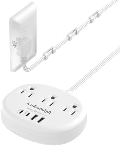 Stylish Brown Extension Cord with 1080 J Surge Protection – 5 FT Flat Braided Design Featuring 3 AC Outlets & 4 USB Ports (24 W/4.8 A) for Fast Charging – Ideal Tan Desk Accessory for Powering Devices Safely & Efficiently
