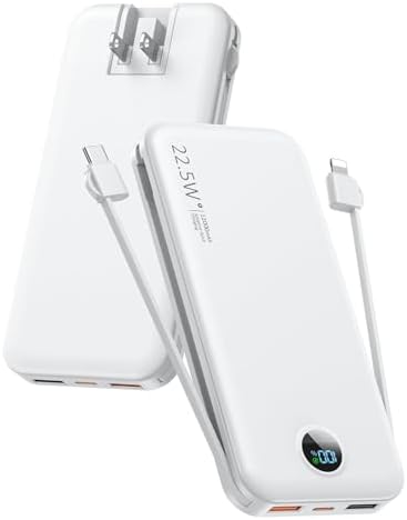 Ultra-Fast Portable Phone Charger with 12000 m Ah Capacity – All-in-One Power Bank with Integrated Cables, Wall Plug, and LED Display for i Phone, i Pad, Samsung – Essential Travel Companion for Uninterrupted Connectivity