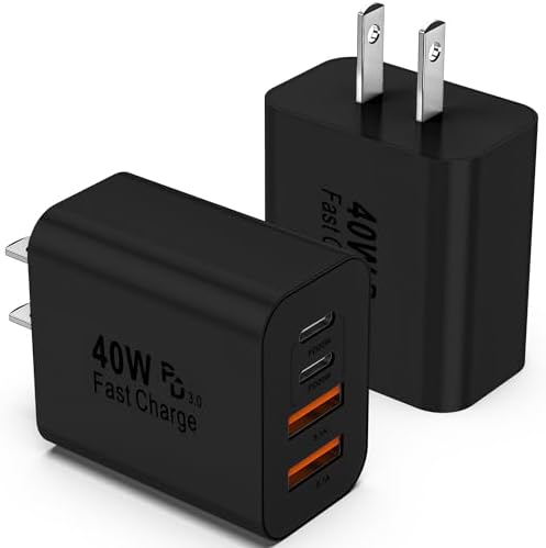 40 W USB C Charger Block – 2 Pack 4-Port Fast Charging Adapter for i Phone & Samsung Devices – PD 3.0 & QC 4.0 Dual Quick Charge Technology – Multi-Device Compatibility in Sleek Black Design – Safe, Efficient Charging Solution for Home & Travel