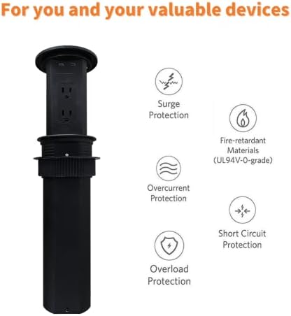 ZESHAN Sleek Pop-Up Power Outlet with 15 W Wireless Charging Station – Dual US Outlets, USB A & USB C PD Fast Charging Ports for Effortless Connectivity at Home or Office – Ideal for Conference Tables and Kitchen Counters, Modern Black Finish