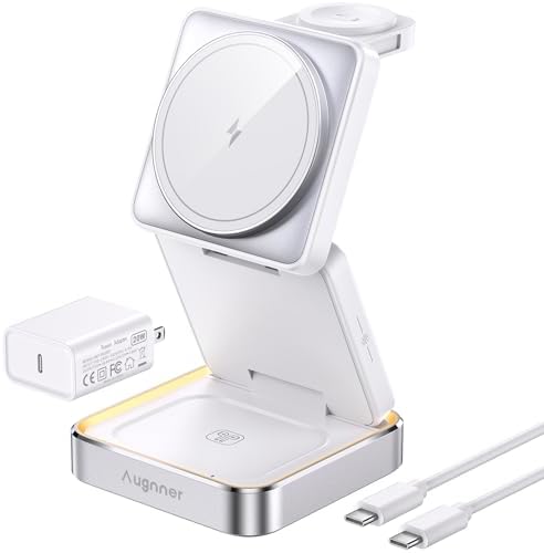 Ultimate 3-in-1 Foldable Wireless Charging Station with Night Light – 2025 Enhanced Apple Mag Safe Compatible Charger for Fast 15 W Charging, Perfect for Travel and Home Use – Stylish & Functional Design for i Phone, Air Pods, and Apple Watch
