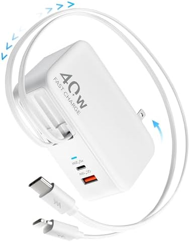 Ultimate 4-in-1 Retractable Wall Charger with Dual USB Ports – Fast 40 W Charging Adapter with 35.5 in/90 cm Lightening and Type-C Cables – Perfect for i Phone 16/15/14/13/12/11, i Pad, Galaxy, and Pixel Devices – Compact, Foldable Design for Effortless Travel and Enhanced Device Compatibility