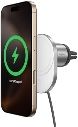 Effortless On-the-Go Charging: Belkin 15 W Magnetic Wireless Car Charger – Qi2-Certified, Mag Safe-Compatible Vent Mount for i Phone 12-16 & Samsung Galaxy S25 – Sleek Gray Design for Enhanced Device Stability and Fast Power Delivery