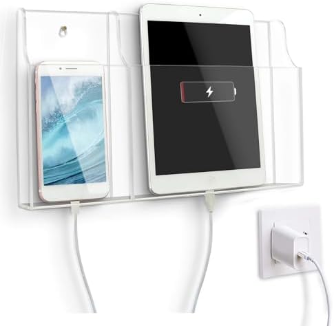 VANCORE Clear Wall Mounted Phone Holder Acrylic Remote Control Holder Media Organizer Caddy with Holes for Charging Phone Tablet Holder (Two Compartments) – Enhanced Compatibility and Speed