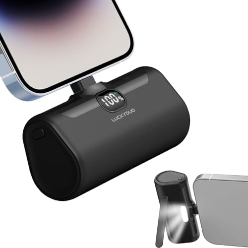 LUCKYDUO Ultra-Compact 5000 m Ah Portable Power Bank with Built-In Phone Holder & LED Light for i Phone – Essential Travel Charger with LCD Battery Indicator, Compatible with i Phone 14/13/12/11/XR/SE/8/7 Pro Max – Stay Charged Anywhere