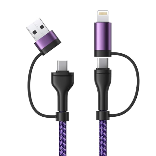 Universal 4-in-1 Multi-Device Charging Cable [2-Pack, 6.6 FT] – 60 W Fast Charging Nylon Braided Lightning & USB-C Cords for i Phone, i Pad, Samsung Galaxy, Mac Book & More – Durable & Tangle-Free Solution for Efficient Powering