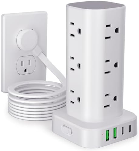 Premium Power Strip Tower with 15 W Wireless Charging & 12 AC Outlets – 6 FT Flat Plug Extension Cord Surge Protector with 4 USB Ports (2 USB-C) for Home Office and Dorm Room – Advanced Safety & Space-Saving Design