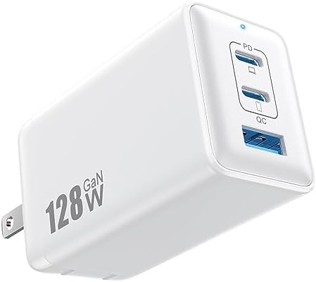 High-Efficiency 128 W USB C Wall Charger – Ga N III 3-Port Fast Charging Hub for Mac Book, i Phone, Galaxy & More – Portable 65 W Adapter with Foldable Design for Ultimate Convenience and Speed