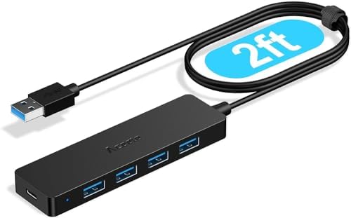 Ultra-Slim 4-Port USB 3.0 Hub with 2 ft Extended Cable – High-Speed Data Transfer for Mac Books, PCs, and More – Compact USB Expander for Enhanced Connectivity, Ideal for On-the-Go Professionals and Home Offices