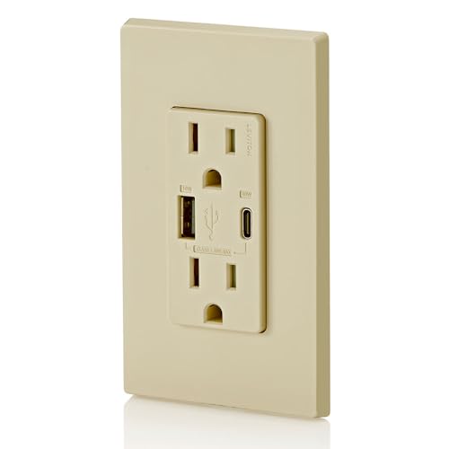 Leviton 60 W Dual USB Type A/Type-C In-Wall Charger – Fast, Efficient Power Delivery Solution for Smartphones, Tablets & Laptops – Tamper-Resistant Outlet in Light Almond for Safe, Clutter-Free Charging Experience – Perfect for Home and Office Use