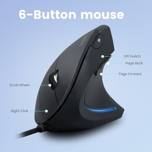 Ergonomic Perixx PERIMICE-713 Wireless Vertical Mouse for Right-Handed Users – 6 Customizable Buttons, Adjustable 3-Level DPI, Sleek Black Design, Unmatched Comfort for Long Hours of Work or Gaming