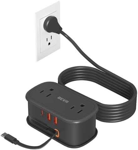 BEVA Portable Travel Power Strip with 5 ft Retractable USB C Cable – Compact Charger for Hotels and Cruises, Featuring 2 AC Outlets & 3 USB Ports for Enhanced Device Compatibility and Fast Charging