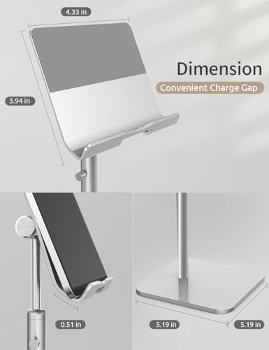 Adjustable Ergonomic Tablet Stand for i Pads and E-Readers – Custom Height & Angle for Optimal Eye-Level Comfort in Your Home Office – Sturdy Dock Compatible with 4-13” Devices, Sleek Silver Finish for Modern Workspaces