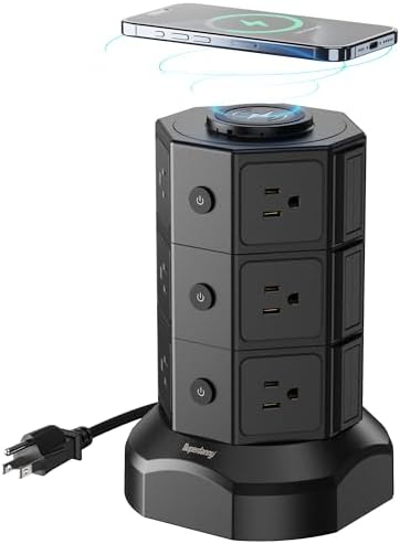 Elevate Your Charging Solutions with the SUPERDANNY Power Strip Tower – 15 W Wireless Charger and 1050 J Surge Protector with 12 AC Outlets, 6 USB Ports (Including 2 USB-C) and 6.5 ft Extension Cord – Ideal for Home Office Organization and Efficient Device Management with Elegant Wood Grain Finish