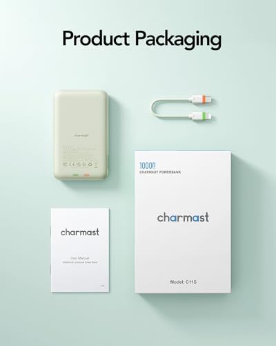 Charmast 10000 m Ah Slim Power Bank – 20 W Fast Charging Portable Charger with Removable Cable for i Phone & Android – Lightweight Hand-Free Battery Pack with Digital Display for Effortless Travel Convenience