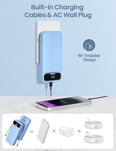 12000 m Ah Ultra-Light Portable Power Bank with Built-In Cables & AC Wall Plug – PD20 W USB-C Fast Charging for i Phone, Samsung & Android – LED Display for Battery Monitoring – Ultimate Travel Companion for Quick Device Recharging