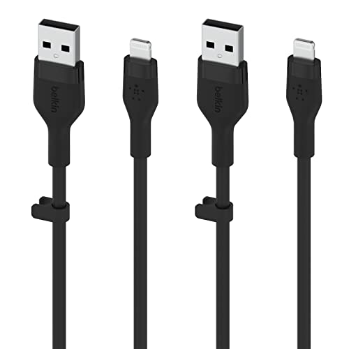Belkin Boost Charge Flex Silicone USB Type A to Lightning Cable 2-Pack (3.3 FT) – MFi Certified Durable Charging Solution for i Phone 13, 12, 11, Pro, Max, Mini, SE, i Pad – Enhanced Flexibility and Fast Charging Performance in Sleek Black Finish