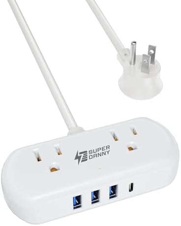 Compact USB Charging Station Power Strip – SUPERDANNY Mini Surge Protector with 2 Extra Wide Outlets, 4 USB Ports (3 USB-A & 1 USB-C), 5 Ft Cord, Flat Plug Design for Space-Saving Convenience, Ideal for Home, Office, and Travel Use – Enhanced Power Efficiency and Safety Features