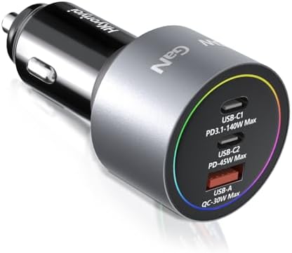 175 W Ultra-Fast Car Charger Adapter – Multi-Device Super Charging Hub for i Phone 16/15/14 Max, Samsung Galaxy S24/23/22, i Pad, Mac Book Pro/Air, and USB-C Laptops – Advanced PD3.1, 140 W Power Delivery, and Intelligent PPS Technology for Rapid Charging on the Go