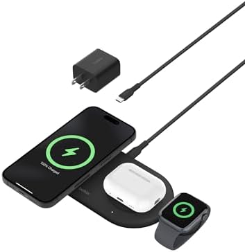 Belkin 15 W Mag Safe-Compatible 2-in-1 Wireless Charging Station – Fast Dual Device Charger for i Phone 16, 15, 14, 13 Series & Air Pods – Sleek Sand Design for Effortless Portability and Seamless Power Solutions