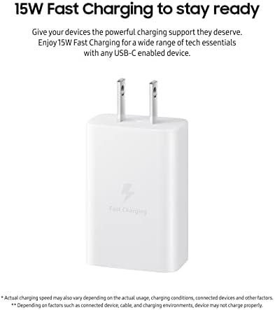 SAMSUNG 15 W USB-C Wall Charger with Fast Charging Cable – Universal Compatibility & Efficient Power Delivery for Smartphones and Tablets, Compact Design for Travel