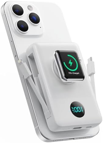 Magnetic 10800 m Ah Power Bank – All-in-One Portable Charger with Built-in Cables, 6-in-1 Functionality for i Phone 16/15/14/13/12 & Apple Watch, 20 W PD Fast Charging, Sleek White Design for On-the-Go Efficiency and Convenience