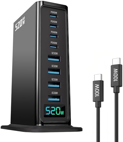 520 W Ga N USB C Fast Charging Station – 8-Port Multi-Device Charger with Dual 100 W PD3.1 PPS Ports for Rapid Laptop and Smartphone Charging – Ideal for Mac Book, i Phone 16, i Pad & More – Compact, Durable, and Smart Technology for Efficient Power Management