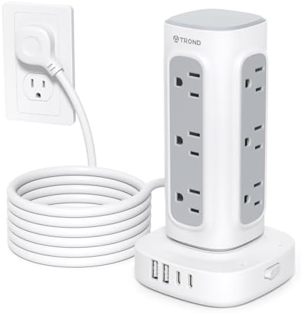 TROND Power Strip Tower with Retractable Design – 5 ft Flat Plug Extension Cord Featuring 5 AC Outlets and 20 W USB-C Fast Charging Ports, 1700 Joules Surge Protection for Home Office and Dorm Room Efficiency – Ultimate Connectivity Solution