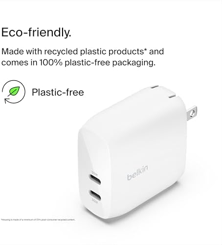 Belkin 60 W Dual USB-C Charger Block – Fast Charging Solution for Samsung Galaxy S25, i Phone 16, i Pad, Google Pixel & Nintendo Switch 2 – Sleek White Design for Home & Office Use – Enhanced Safety Features & Portability for On-the-Go Power