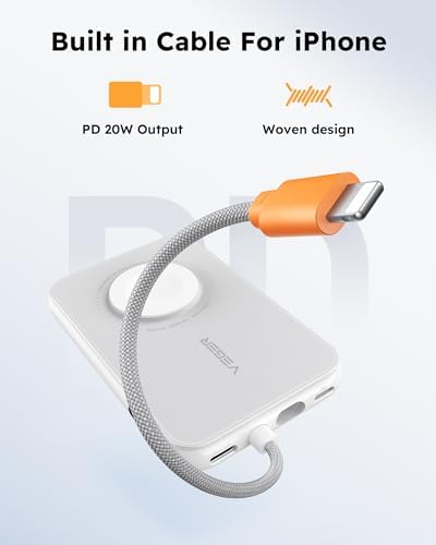 VEGER 5000 m Ah Mini Power Bank with Built-in Cable – PD 20 W Fast Charger for i Phone 14/13/12/Pro Max, Android Devices & Apple Watch – Lightweight Travel Essential in Vibrant Yellow – Ultimate Charging Solution for On-the-Go Connectivity