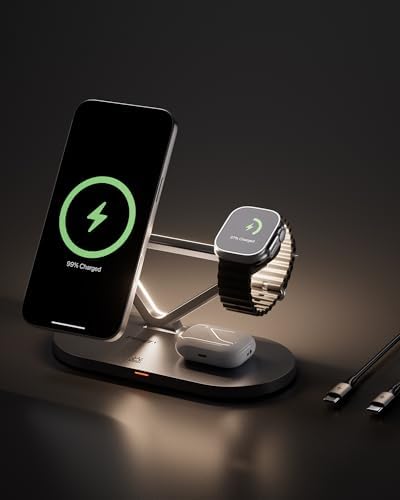 PISEN Qi2 15 W Mag-Safe 3-in-1 Wireless Charging Stand with Adjustable Night Light – Fast, Reliable Charging for i Phone 16/15/14/13/12, Apple Watch & Air Pods – Tidy Desk Solution with Intelligent LED Indicator & Safety Features