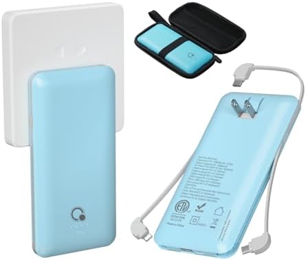 Ultimate Q 10000 m Ah Slim Power Bank with Built-in AC Plug – Ultra-Portable Charger for i Phone, Samsung, Android & Tablets – Four Output Ports for Simultaneous Charging, Includes Micro USB & USB-C Cables – Experience Enhanced Compatibility & Rapid Power on the Go