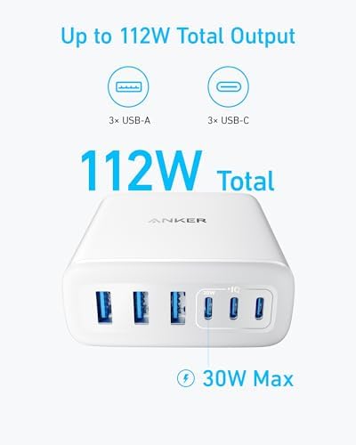 Anker 112 W Max 6-Port Fast Charging Station – Versatile Desktop USB-C Charger for i Phone, i Pad, Mac Book, Samsung & More – Multi-Device Power Hub with Built-in Safety Features for Home, Office & Travel – Custom Charging Experience (Cables Not Included)
