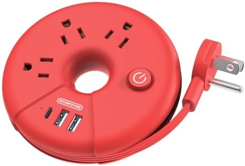 Compact Travel Power Strip with 3 AC Outlets & 3 USB Ports – NTONPOWER Desktop Charging Station for Effortless Device Charging on Cruises, in Hotels, or at the Office – Lightweight 3 ft Extension Cord – Red Design for Enhanced Portability and Compatibility