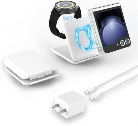 Samsung Galaxy Z Flip Wireless Charging Stand – 15 W Fast Foldable Charger for Z Flip5/Z Flip4/Z Flip3 & Razr+ (5 W) – Portable Travel Essential in Sleek White – Enhanced Qi Compatibility for Effortless Charging Everywhere