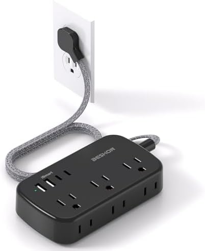 BESHON 5 FT Flat Plug Power Strip with 6 Outlets and 4 USB Ports – Ideal Travel Companion for Dorm Rooms and Cruise Ships, Space-Saving Design for Enhanced Accessibility and Fast Charging