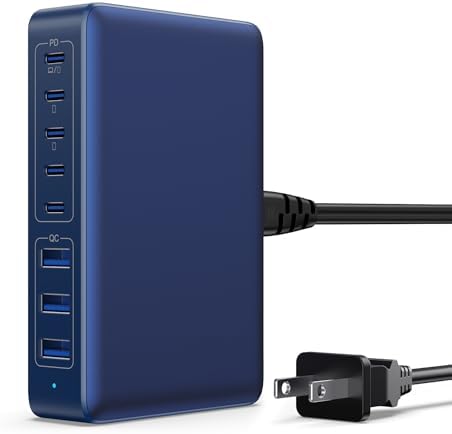 Revolutionary 300 W Ga N IV Technology USB-C Charging Hub – 8-Port Multi-Device Charger for Mac Book Pro/Air, DELL Laptops, i Phone 16/15/14 & Galaxy S25 – Sleek Navy Finish for Enhanced Home & Office Efficiency – Your Premier Solution for Rapid Device Power and Seamless Connectivity