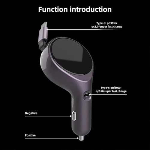 60 W Retractable USB-C Car Charger – Dual-Port Fast Charging Adapter for i Phone 15, Samsung, i Pad & Mac Book – Compact Design for Travel with Overcurrent Protection – Ultimate Compatibility & Efficiency on the Road