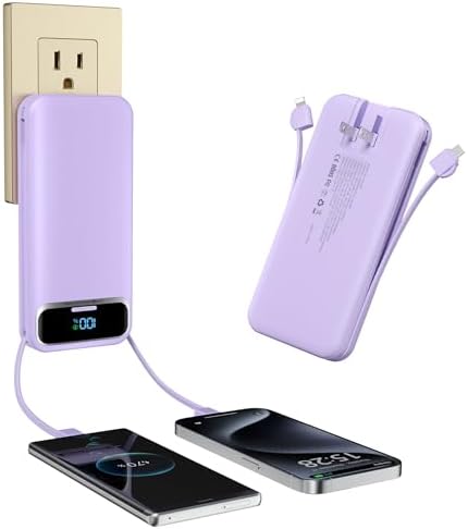 Ultra-Compact 12000 m Ah Power Bank with Built-in Charging Cables & AC Plug – 20 W PD Fast Charging for i Phone, Samsung, Android, USB-C Devices – Travel-Friendly External Battery Pack in Purple – Unmatched Portability and Efficiency for On-the-Go Charging Solutions