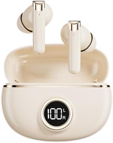 Unleash Your Music with 50-Hour Playtime Wireless Bluetooth Earbuds – IPX7 Waterproof & Noise-Cancelling Technology for Active Lifestyles | Ergonomic Chic Beige Design with Integrated Microphone & LED Battery Gauge for Effortless Connectivity and Ultimate Comfort