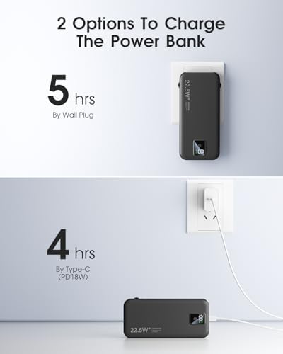 High-Efficiency 12000 m Ah Portable Power Bank with Built-In Cables and AC Plug – USB-C 22.5 W Fast Charger for i Phones, i Pads, Samsung Devices – Lightweight, Compact External Battery for Ultimate Mobility and Enhanced Device Compatibility