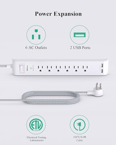 Dual Pack 12 FT Power Strip with 6 AC Outlets & 4 USB Ports, Including 2 USB-C – Versatile Surge Protector for Home, Office, and Dorm Use – Space-Saving Flat Plug Design, Wall Mountable for Ultimate Convenience and Safety