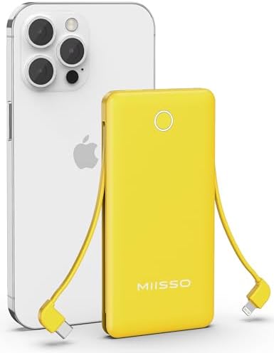 miisso 10000 m Ah Ultra-Slim Portable Power Bank with Integrated Charging Cables – Multi-Device USB-C Travel Charger for i Phone & Samsung – Compact, Lightweight Battery Pack Designed for Maximum Portability and Efficiency