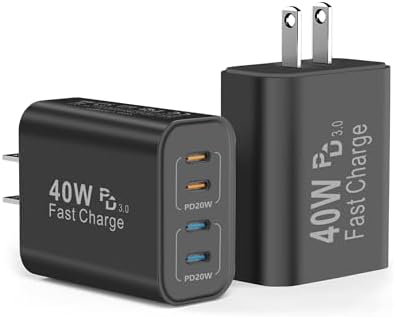 40 W USB C Fast Charging Block with 4 Ports – Universal Wall Charger for i Phone 16/15/14/13/12/11, Galaxy Phones & Tablets – Sleek Black Power Adapter Cube (2 Pack) – Efficient, Compact, and Safe Multi-Device Charging Solution