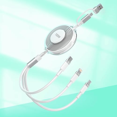 Ultra-Fast 100 W Retractable 5-in-1 Charging Cable – Versatile USB A/Type C to Lightning+USB C+Micro Connector for i Phone 15/14/13/12, Samsung, and i Pad Pro – Tangle-Free Design for Maximum Portability and Enhanced Compatibility